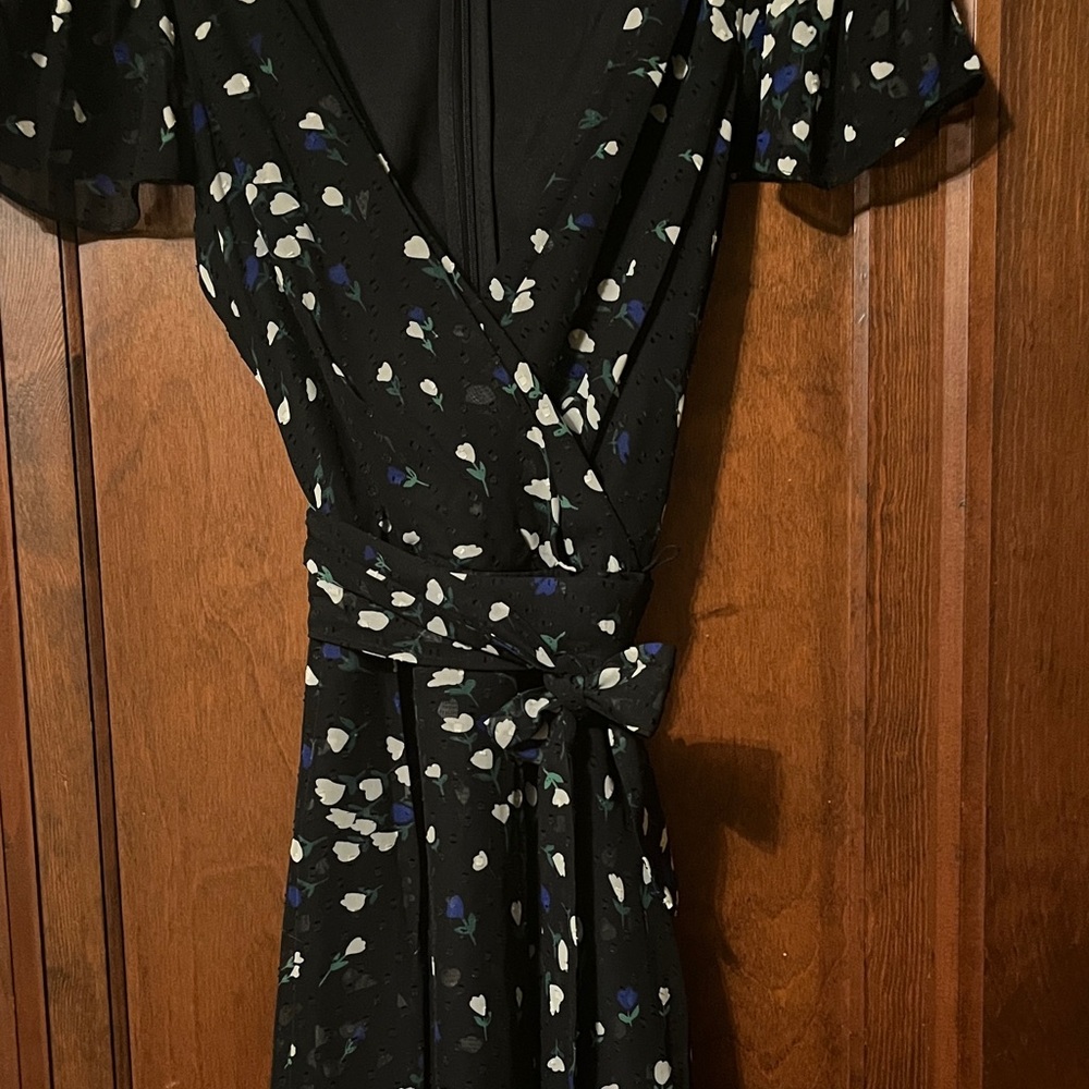 DKNY Black Midi Dress with Blue and White Floral Pattern